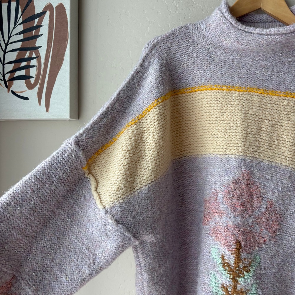 Anthropologie Sweater Mock Neck Flower Embroidered‎ Lavender Knit Sweater M - Picture 5 of 9